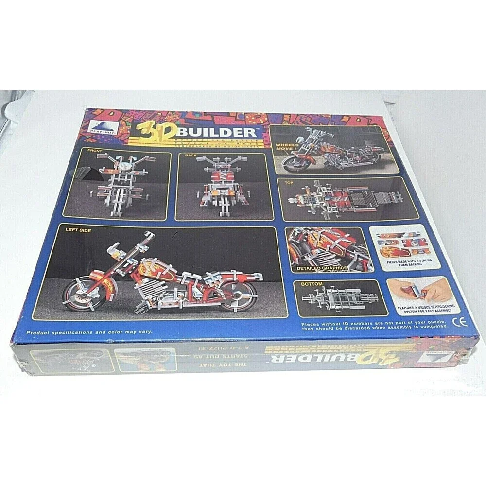 Play Hut 3:D Builder Motorcycle Puzzle Toy Wheels Move 117 Pcs Vintage 1996 New